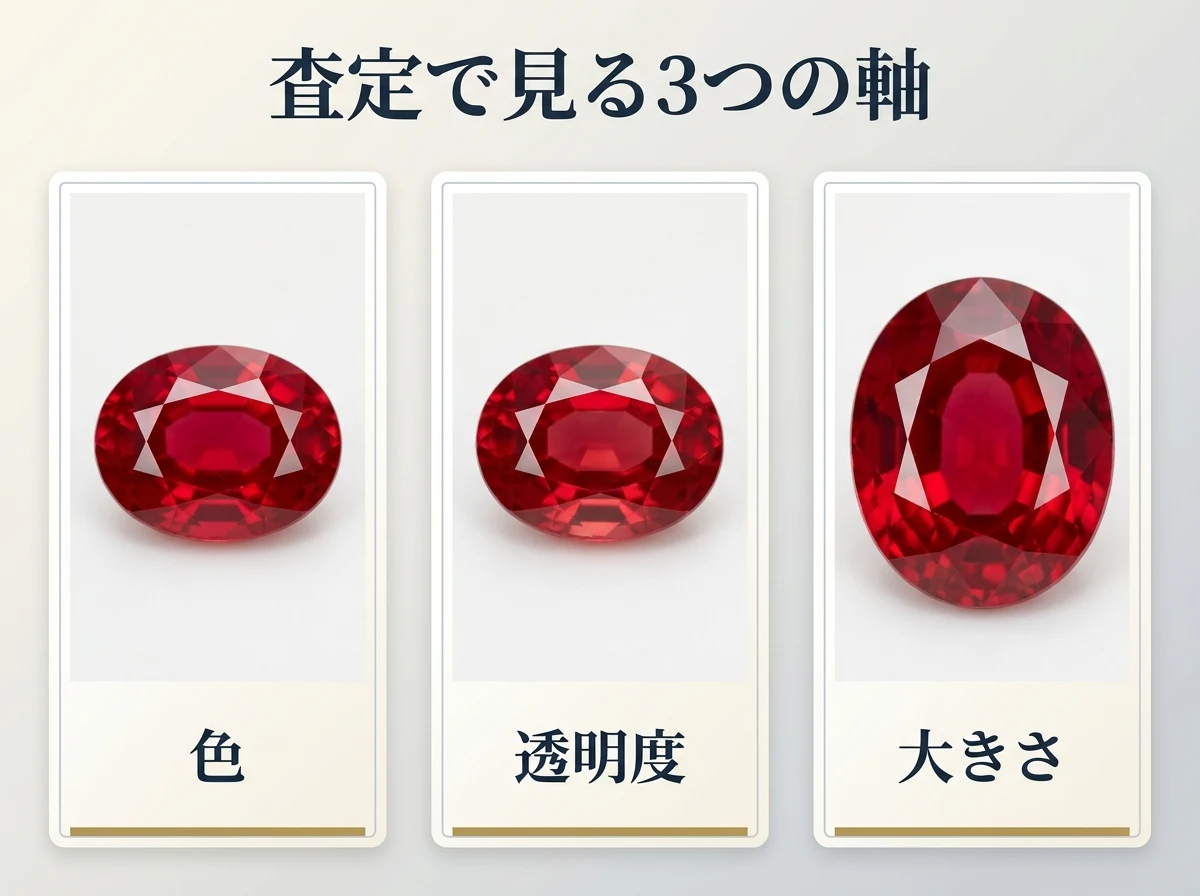 色・透明度・大きさという3つの評価軸を3枚のカードで示した図
