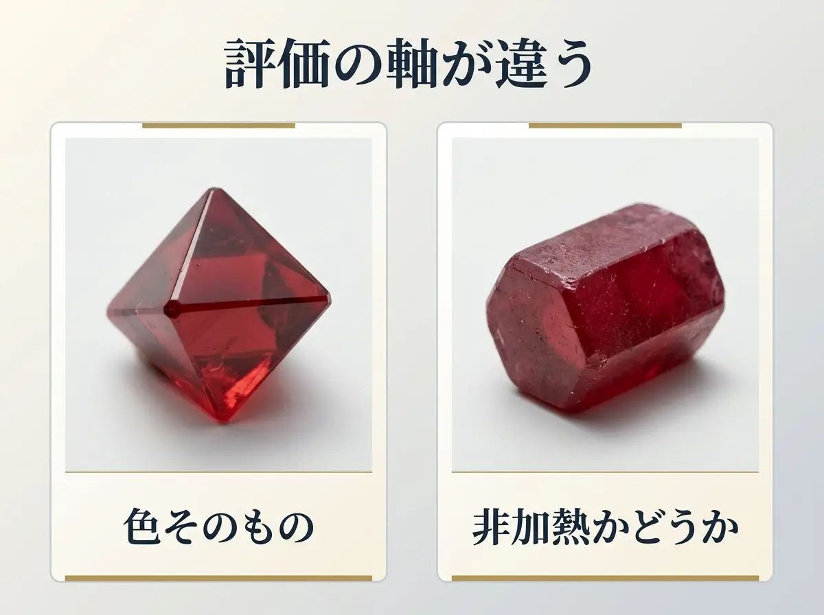スピネルの八面体結晶とルビーの六角柱結晶を2枚のカードで比べ、評価の軸の違いを示した図