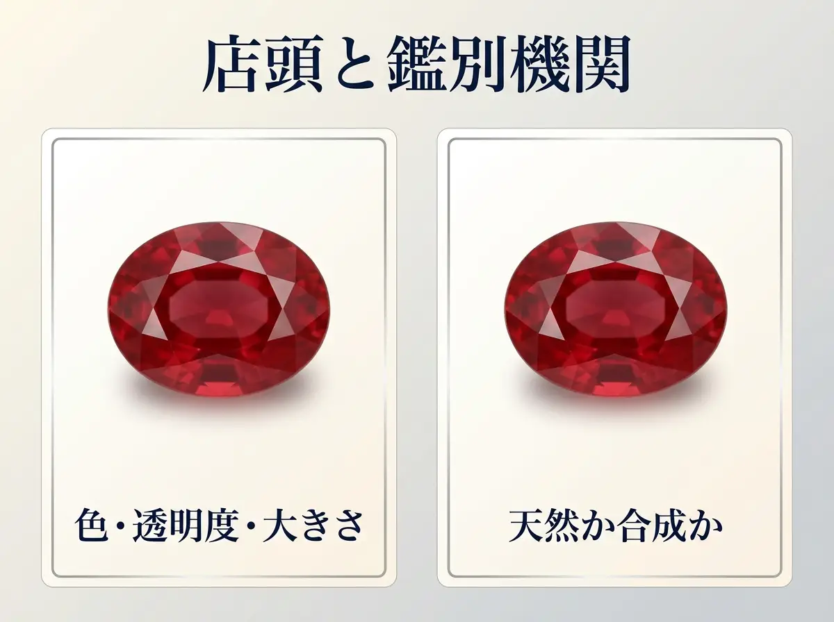 店頭で評価することと鑑別機関に委ねることを、見た目が同じ2粒のスピネルで分けて示した図