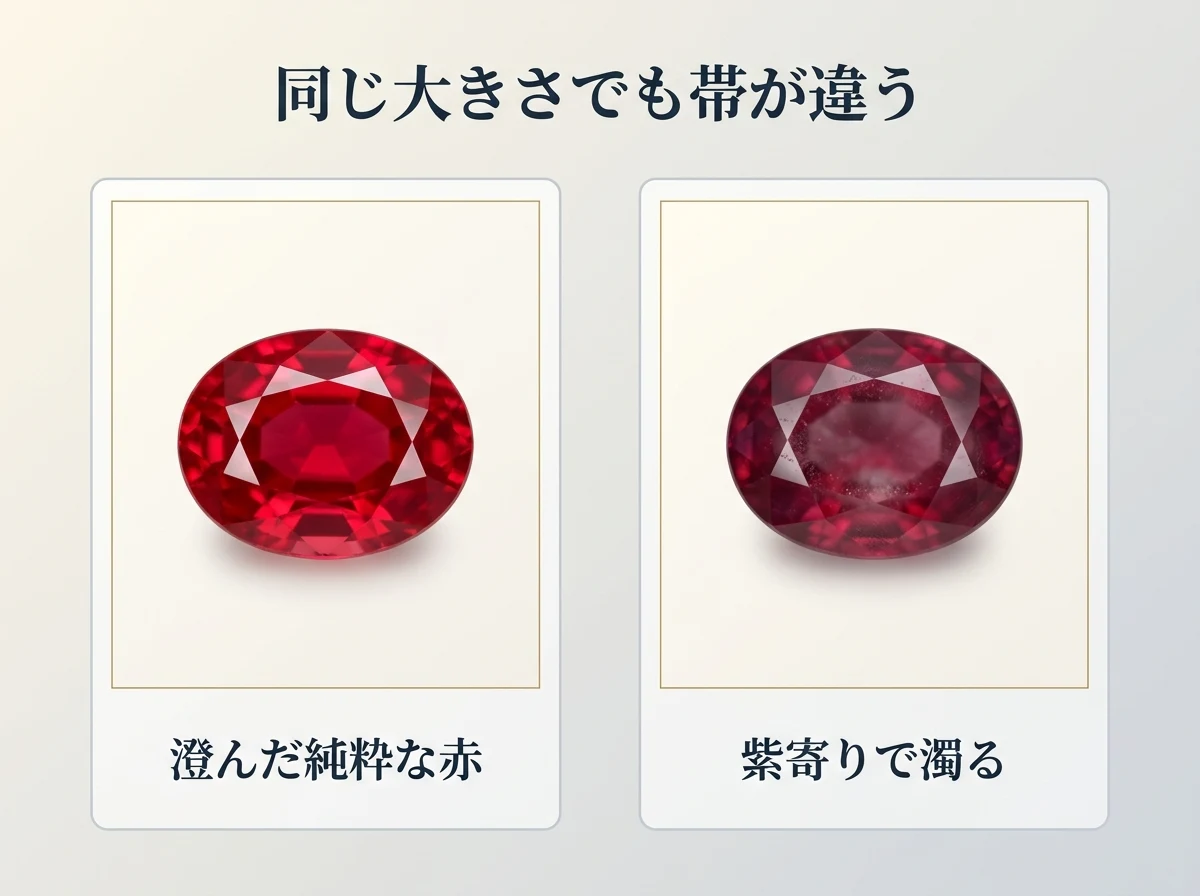 同じ大きさでも澄んだ純粋な赤の石と紫寄りで濁った石では評価の帯が違うことを2枚のカードで示した図