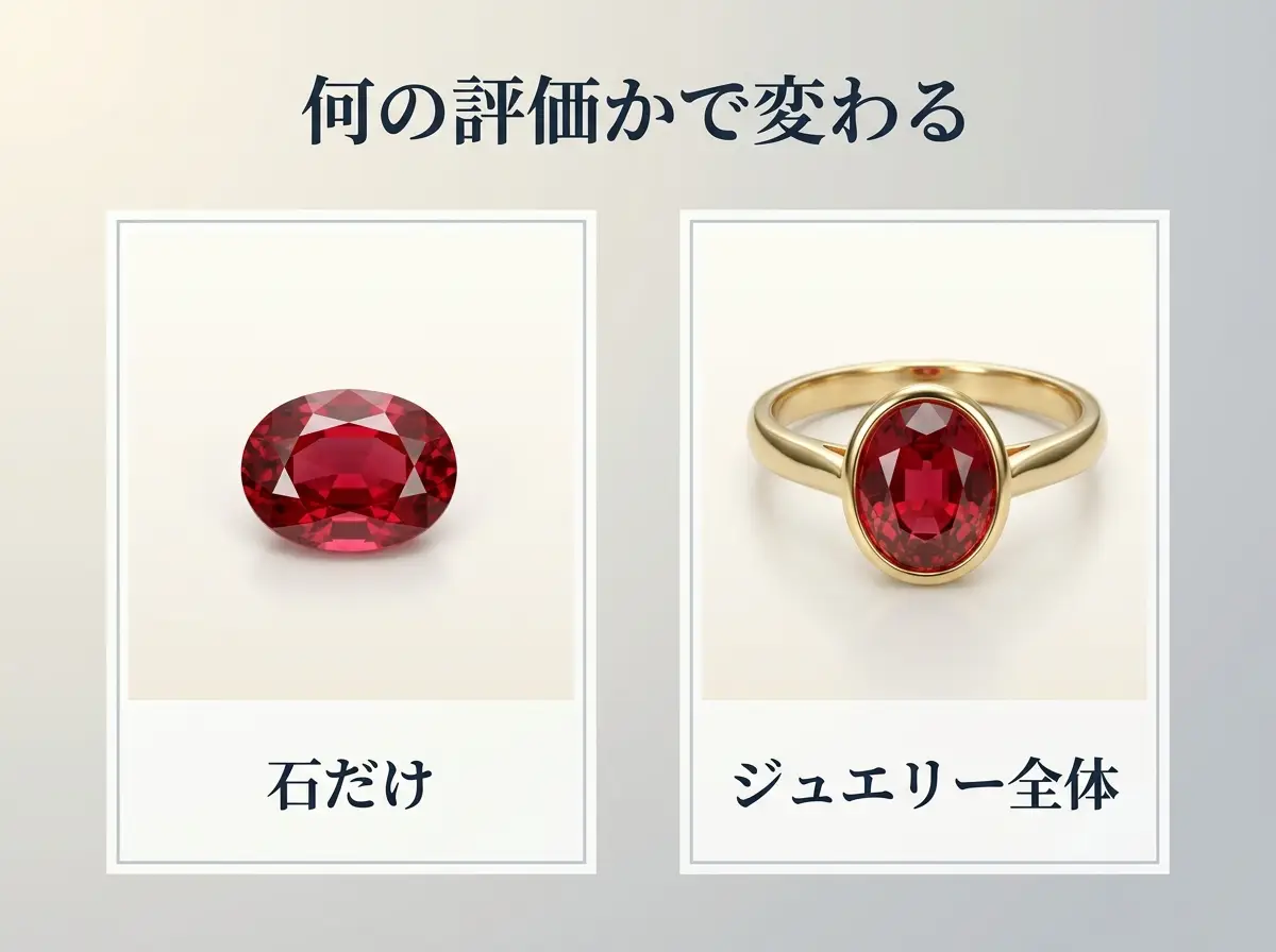 石だけの評価とジュエリーとしての評価が別のものであることを2枚のカードで示した図