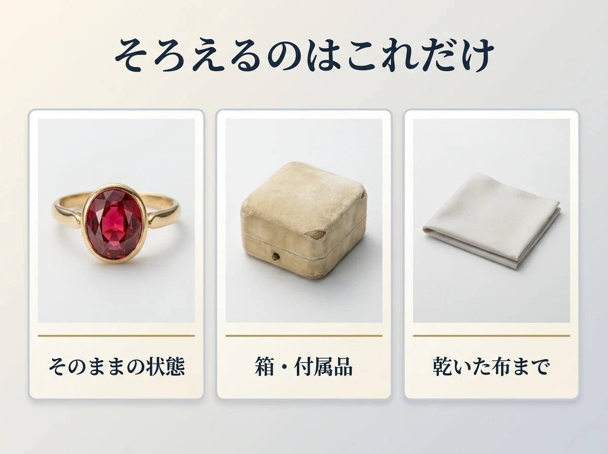 お品物・箱・柔らかい布という売る前にそろえるものを3枚のカードで示した図