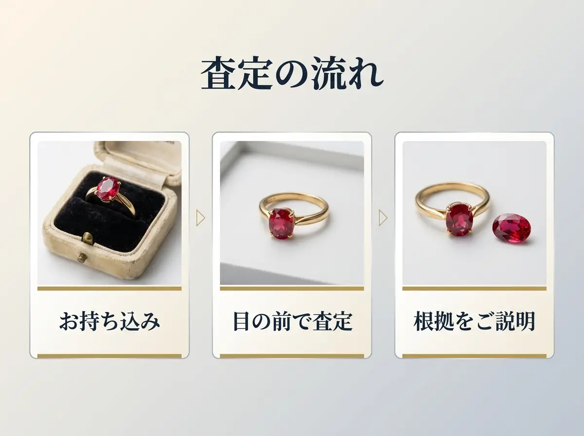 お持ち込み・目の前での査定・根拠の説明という3段階を矢印でつないだ図