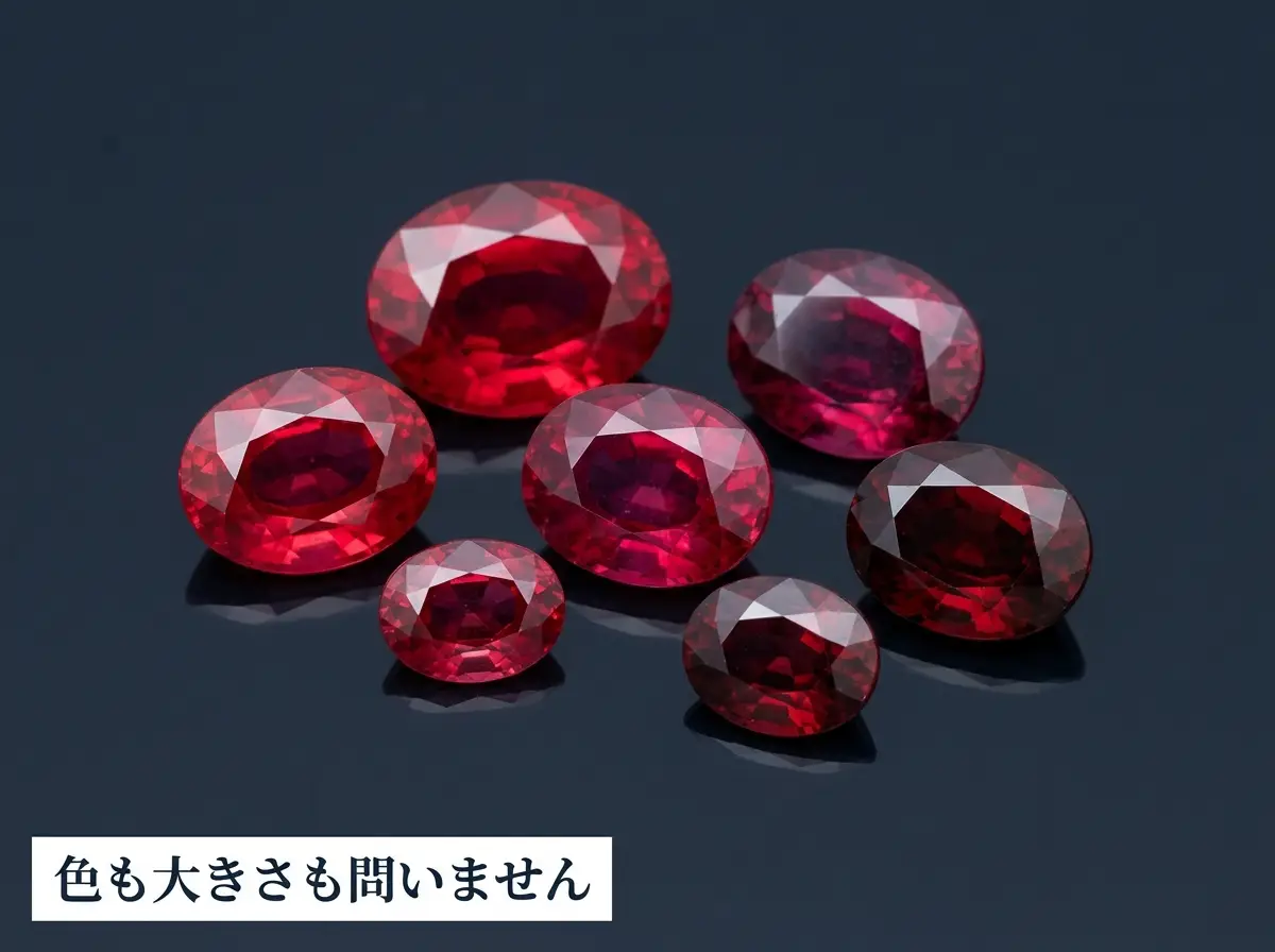 色と大きさの異なる複数のレッドスピネルを光沢のある暗い面に並べた写真