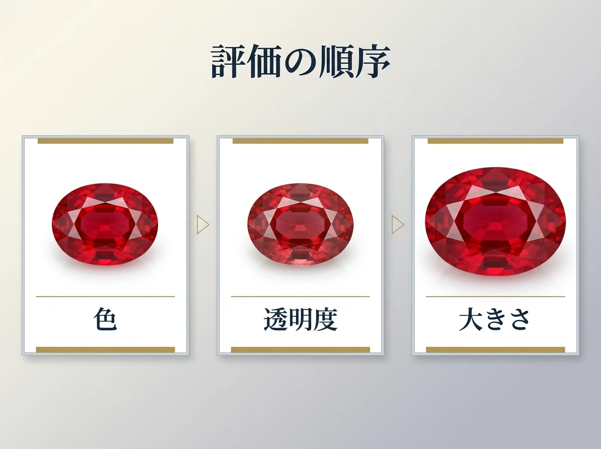 色・透明度・大きさの3段を矢印でつないで評価の順序を示した図