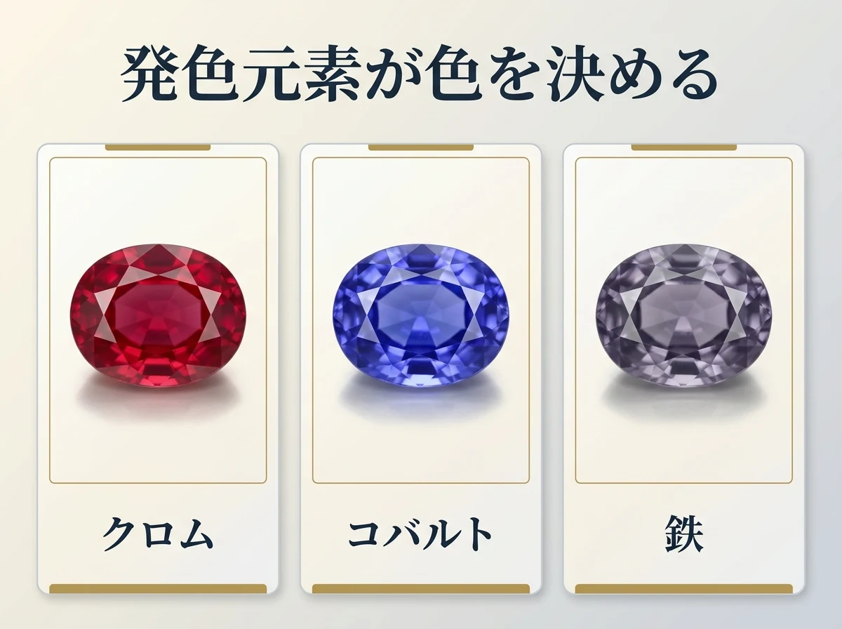 クロムによる赤、コバルトによる青、鉄によるバイオレットのスピネルを3枚のカードに並べた図