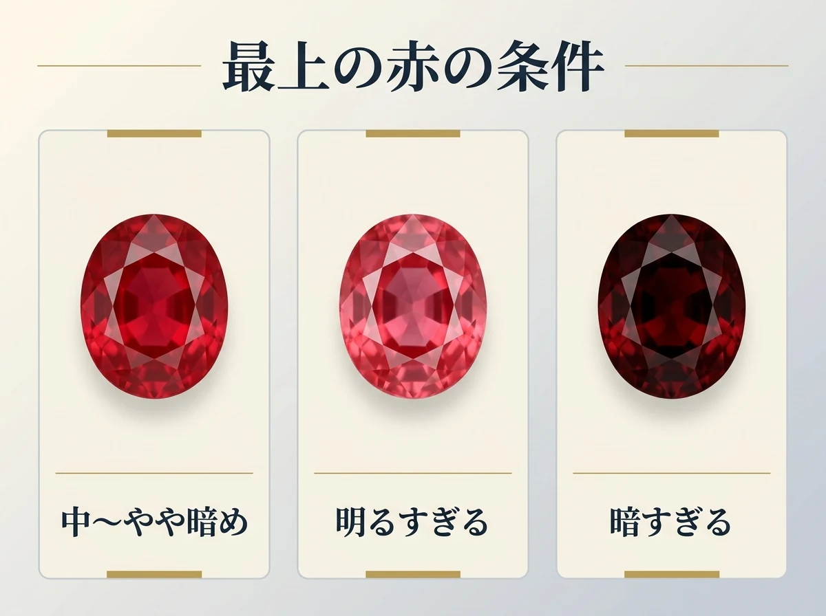 最上の赤、明るくピンク寄りの赤、暗く沈んだ赤の3粒を並べ、赤の条件を示した図