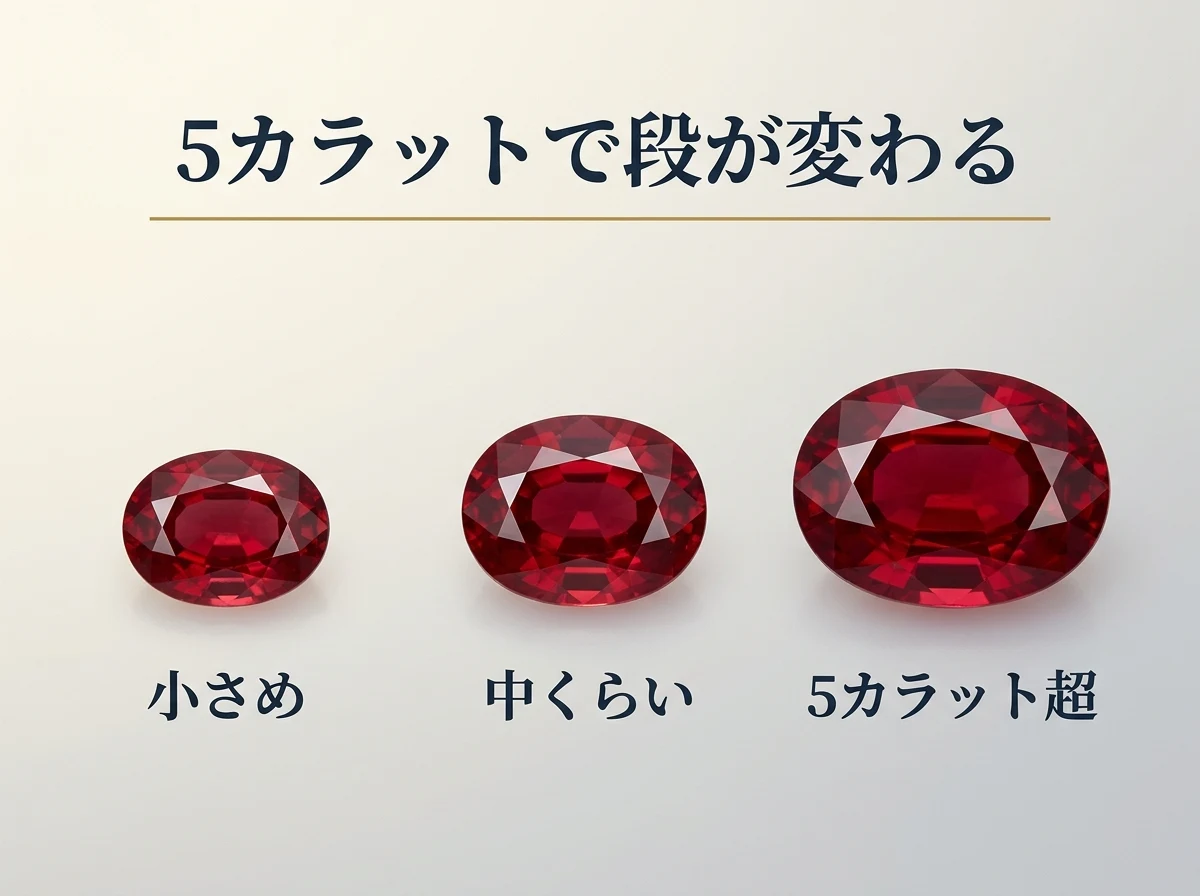小・中・5カラット超の3粒を大きさ順に並べ、入手性が急に下がることを示した図