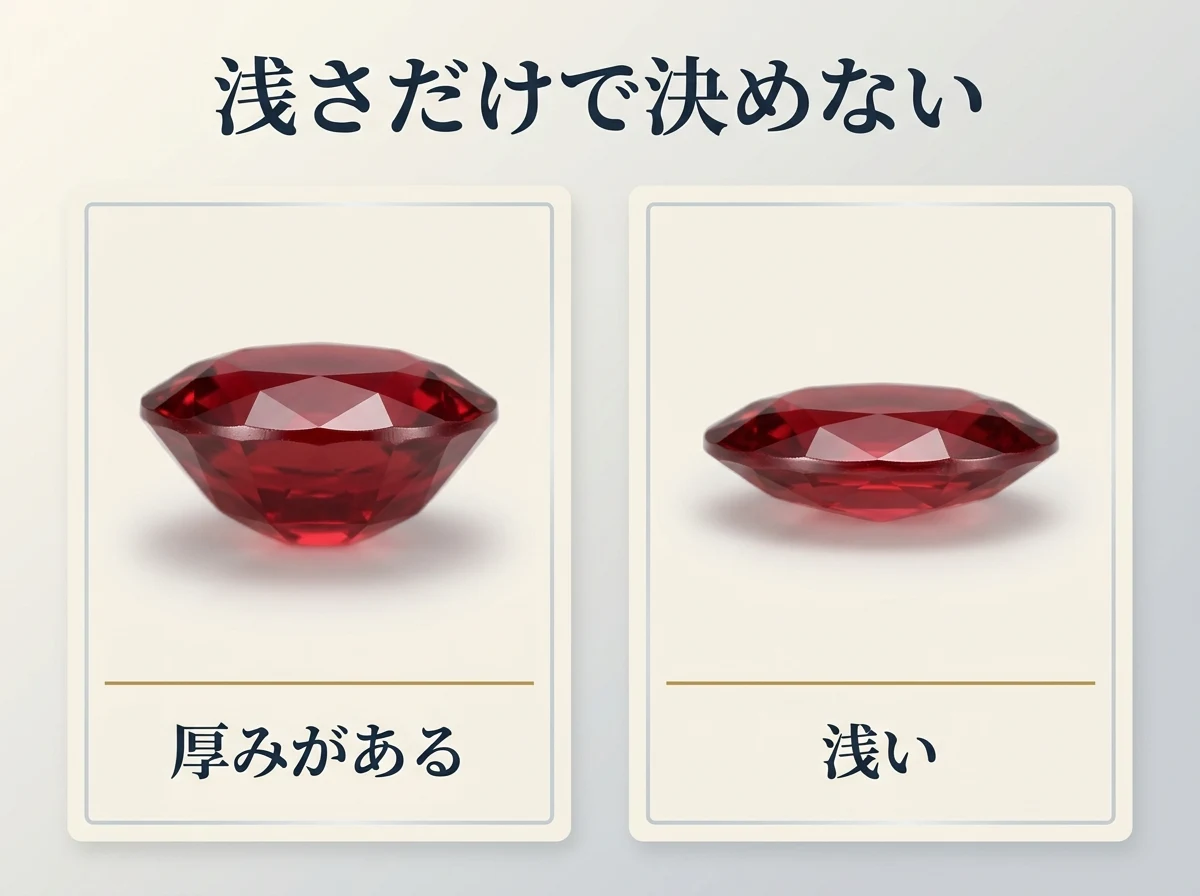 厚みのある石と双晶由来の浅い石を横から並べ、浅さだけで減点しないことを示した図