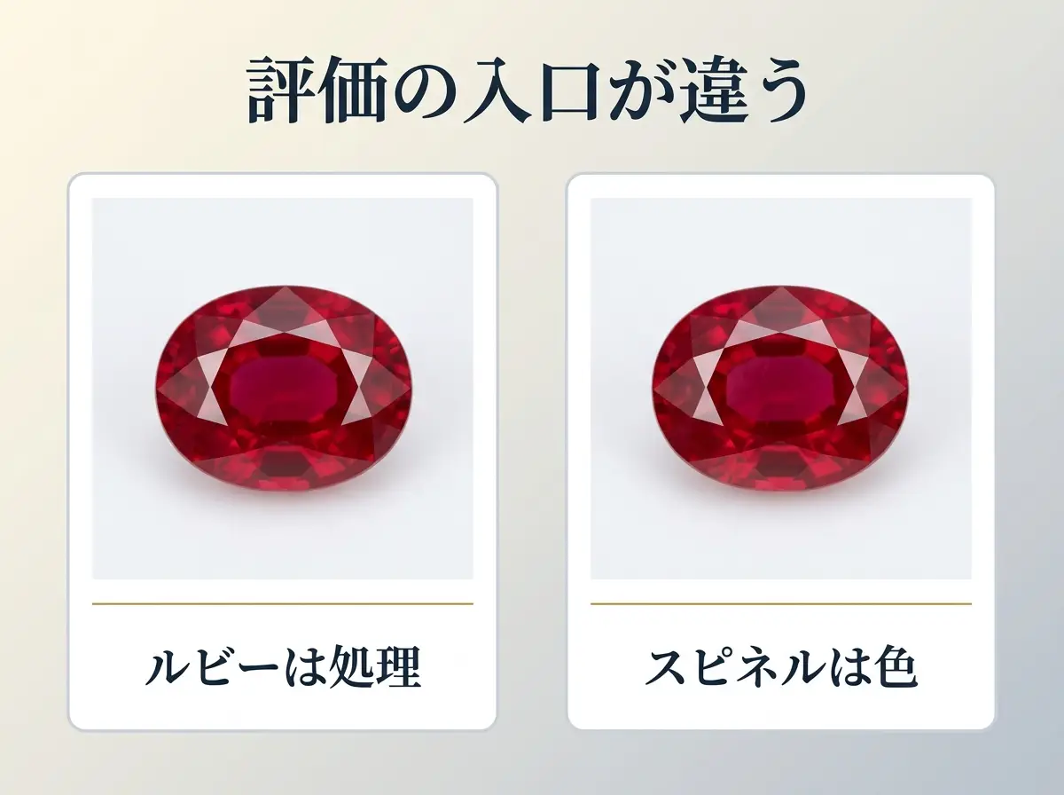 ルビーは非加熱かどうか、スピネルは色そのものという評価の入口の違いを2枚のカードで示した図