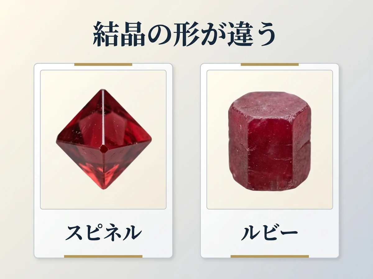 八面体のスピネル結晶と六角柱のルビー結晶を2枚のカードに並べた図