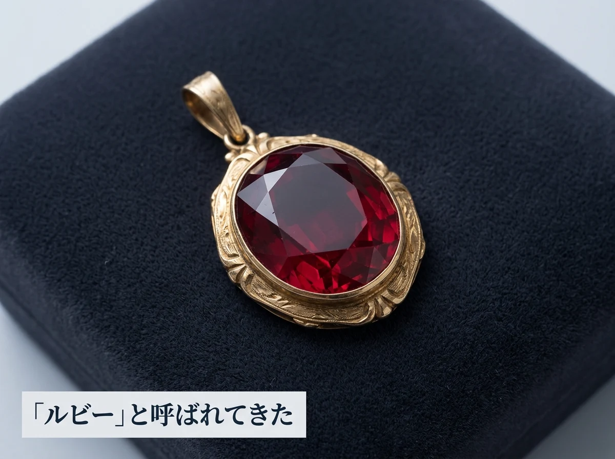 大きな赤い石を留めた古い金のジュエリーを暗い布の上に置いた写真