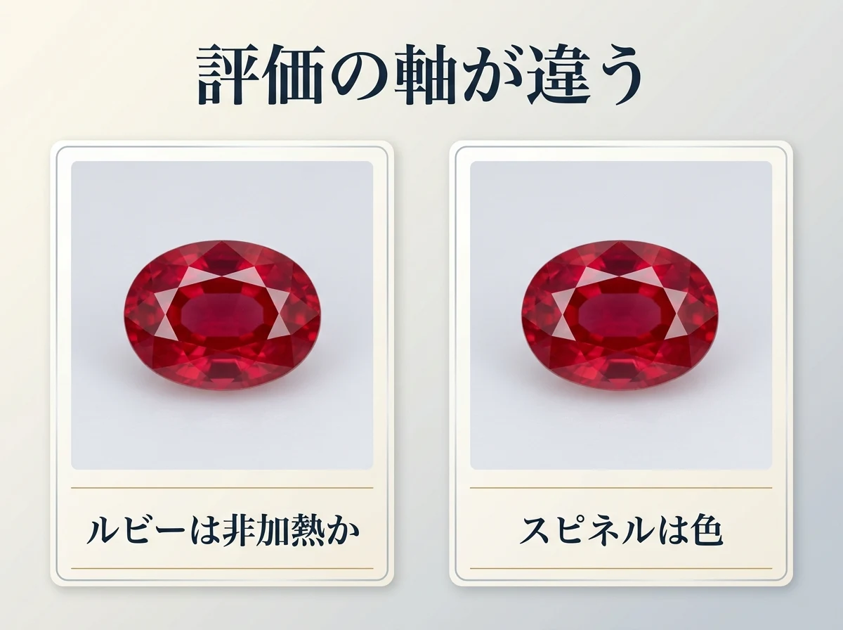 ルビーは非加熱かどうか、スピネルは色そのものという評価軸の違いを2枚のカードで示した図