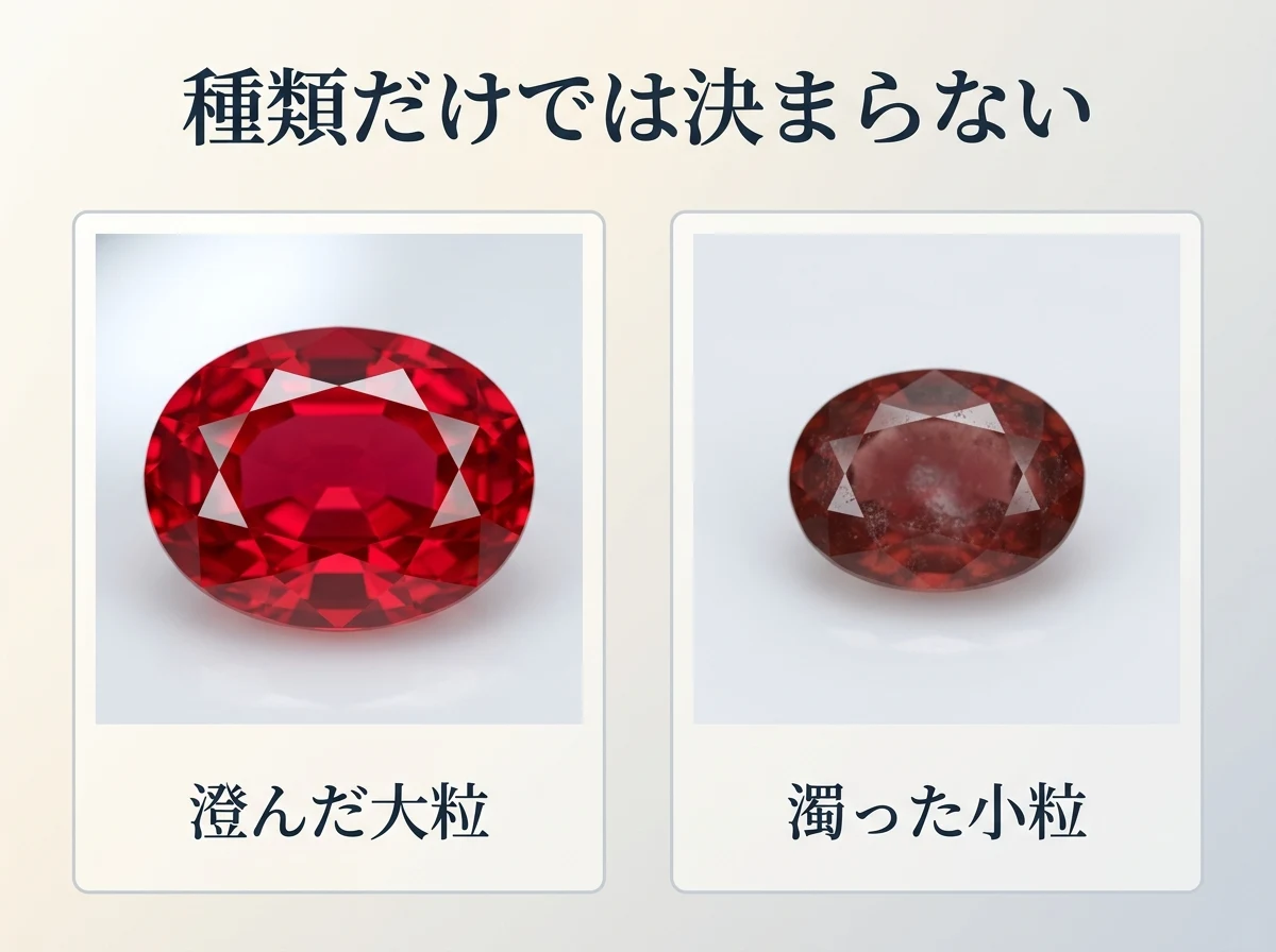 澄んだ大粒の赤い石と濁った小粒の赤い石を並べ、種類だけでは価値が決まらないことを示した図