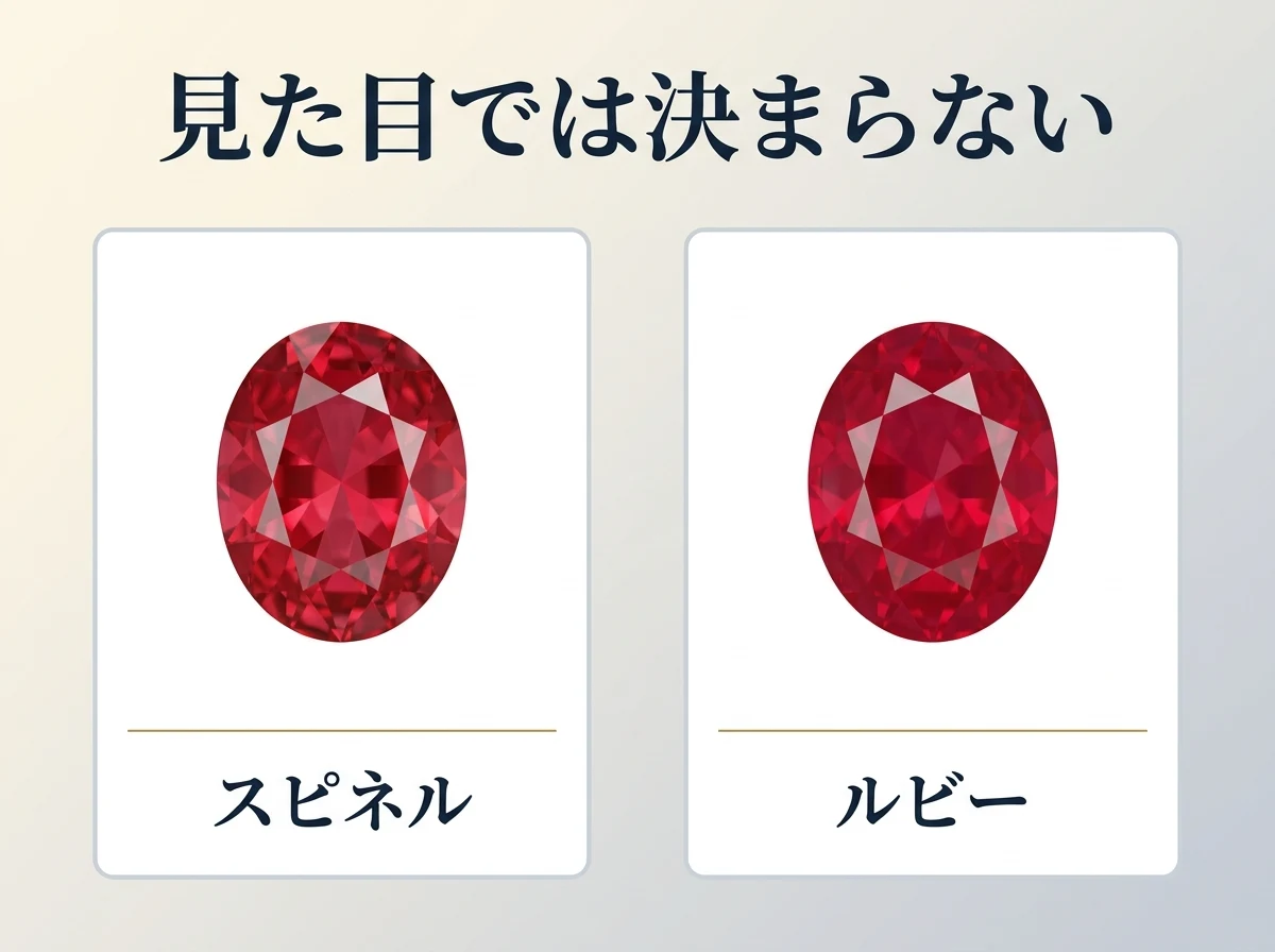 見た目が同じ2つの赤い石をスピネルとルビーとして並べ、見た目では決まらないことを示した図