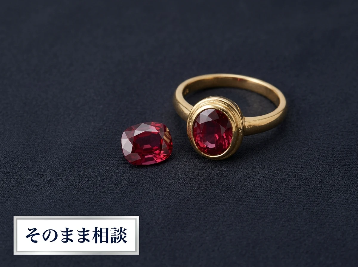 暗い布の上に置かれたレッドスピネルの指輪と1粒のレッドスピネル