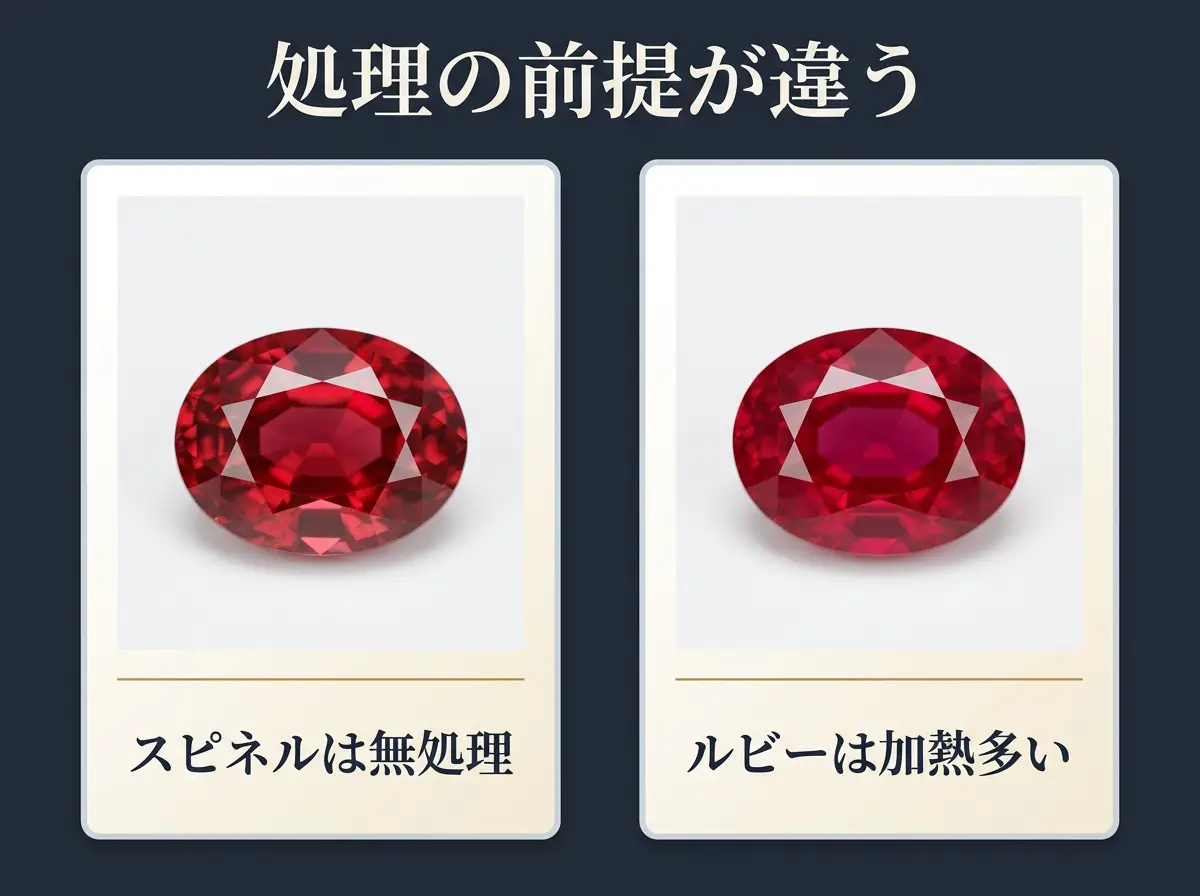 処理の少ないスピネルと、加熱が一般的なルビーの評価の入口の違いを2枚のカードで示した図