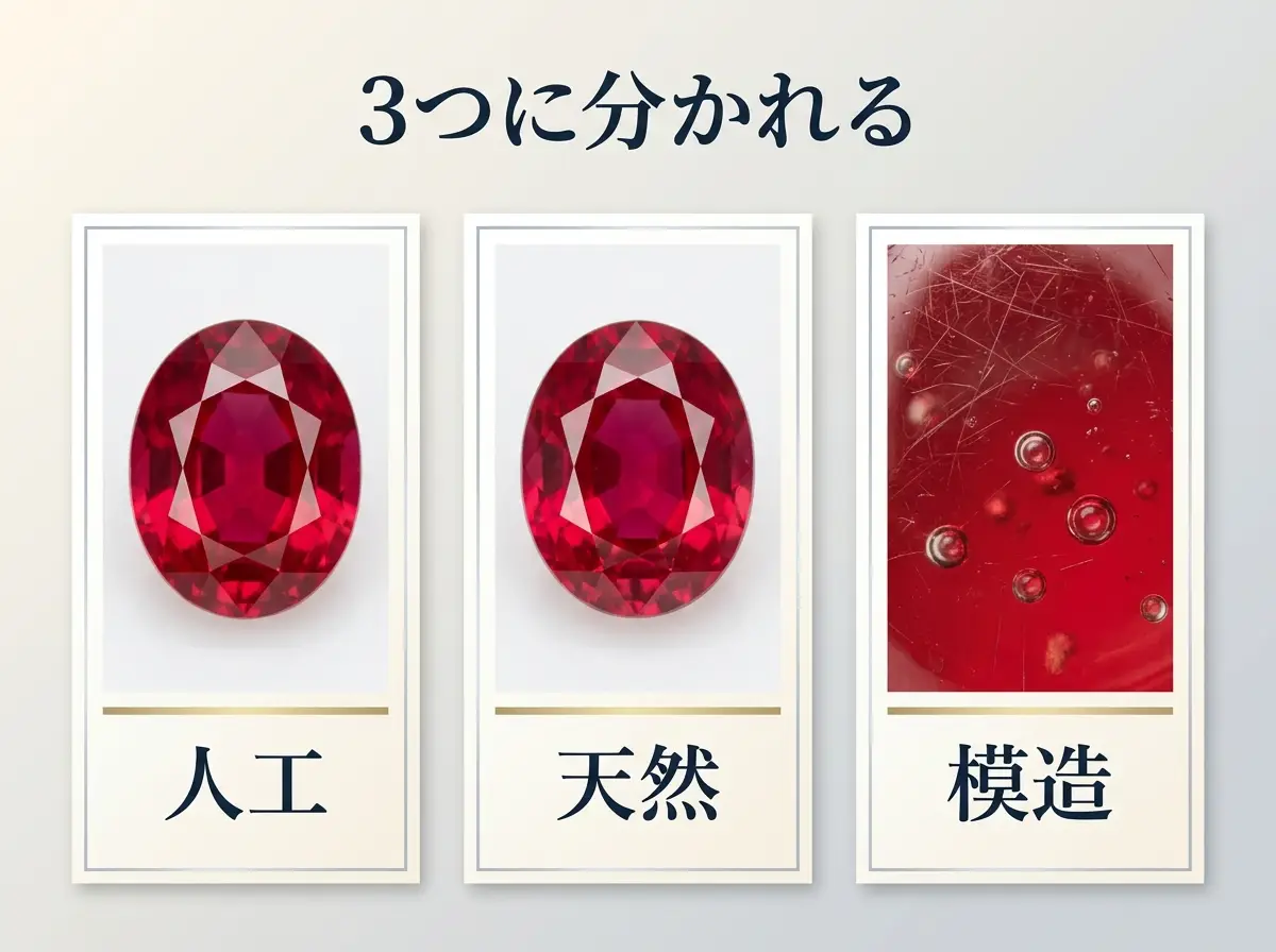 人工スピネル・天然スピネル・ガラスの模造品を3枚のカードに並べた図
