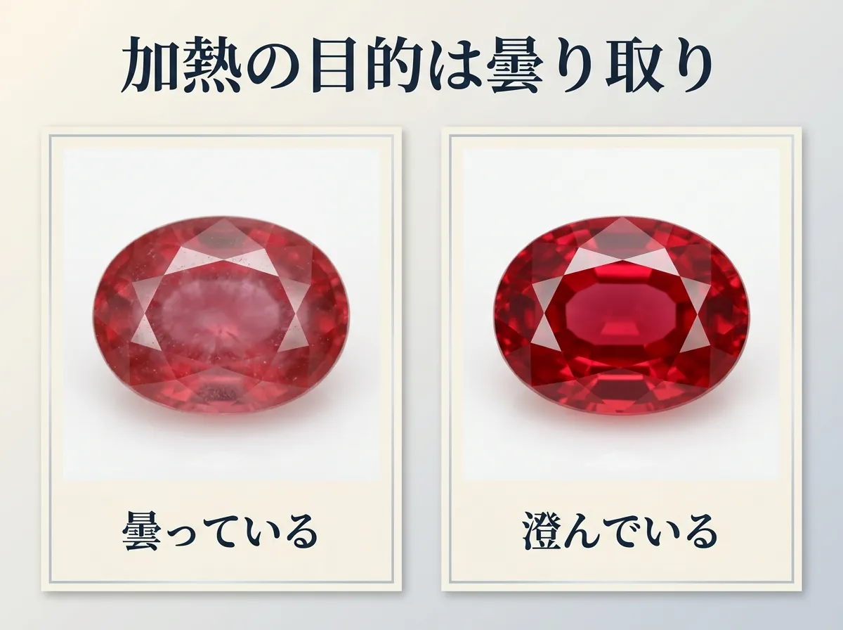 曇った石と、加熱で清澄化した石を2枚のカードで並べた図
