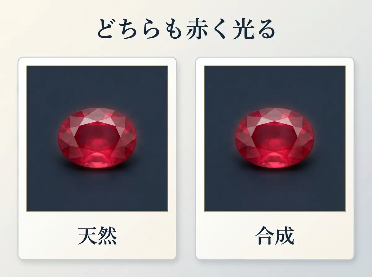 天然と合成のどちらも赤く光ることを2枚のカードで示した図