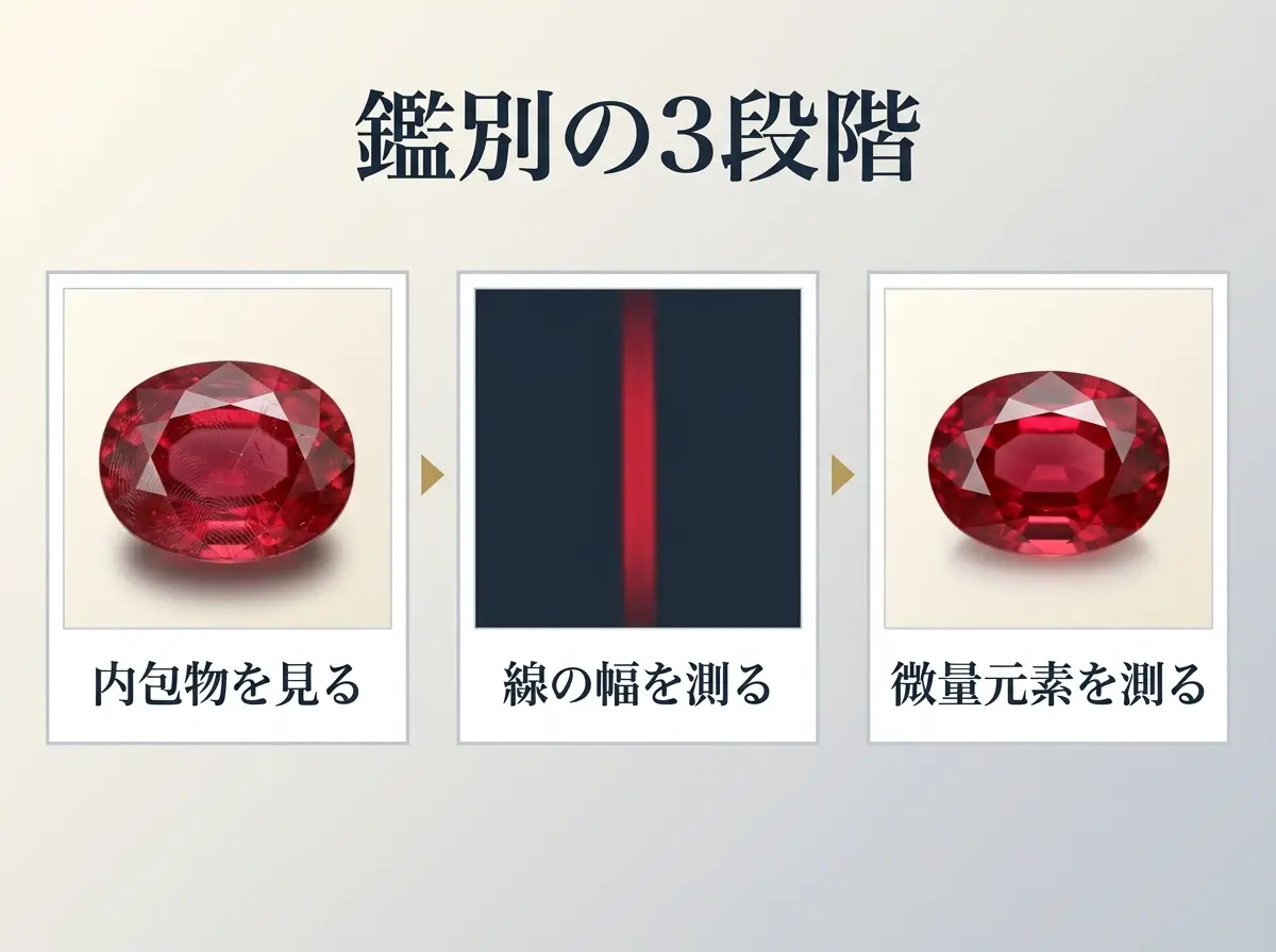 内包物の観察・線の幅・微量元素という鑑別の3段階を矢印でつないだ図