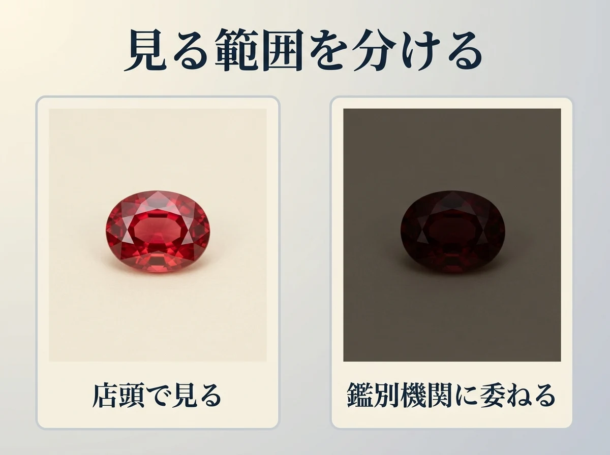 店頭で見る色や透明度と、鑑別機関に委ねる天然・合成の判別を2枚のカードで分けた図