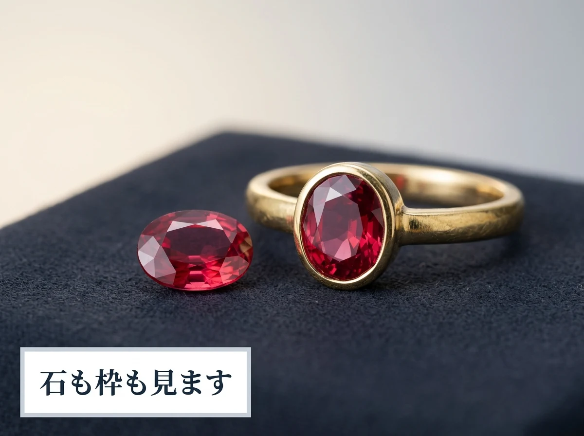 暗い布の上に置かれたレッドスピネルの金の指輪と1粒のレッドスピネル