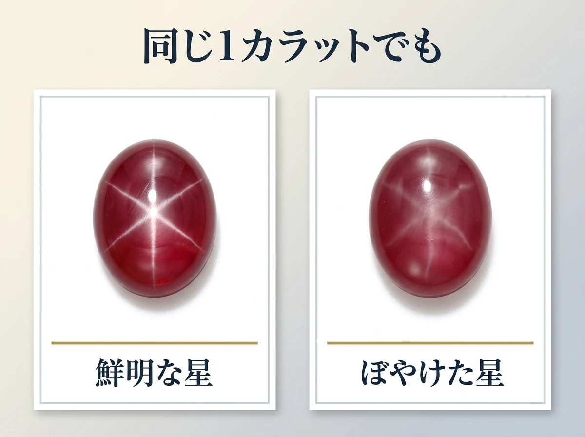 同じ大きさで星と色の質が違う2つのスタールビーを並べた図