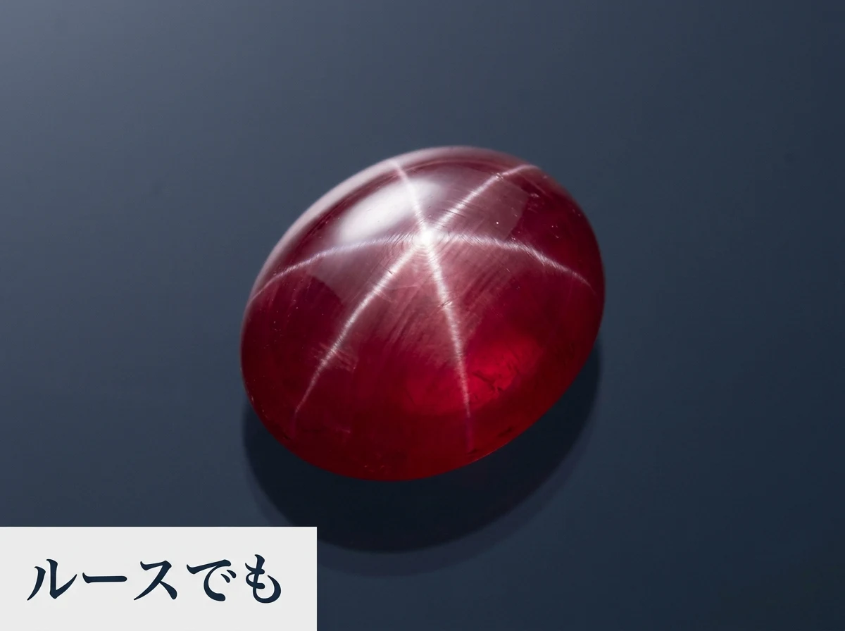 1粒のスタールビーのルースを暗い面に置いた写真