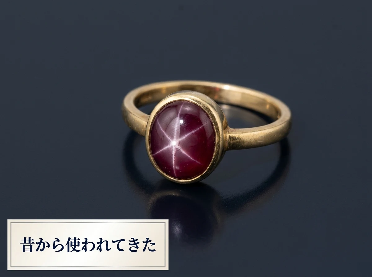 古い金の指輪に留められたスタールビーの写真