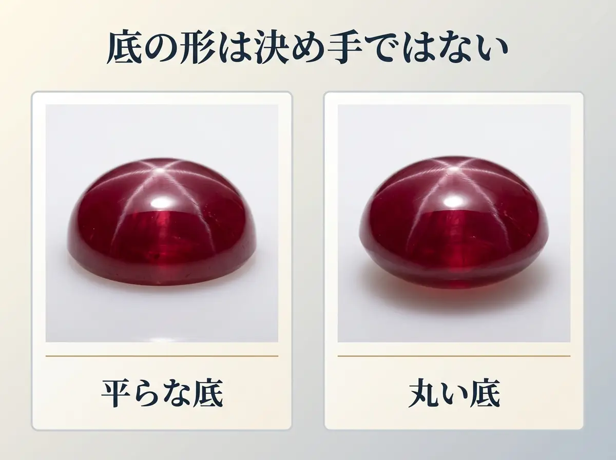 底が平らなカボションと底が丸いカボションを横から並べ、底の形は決め手にならないことを示す図