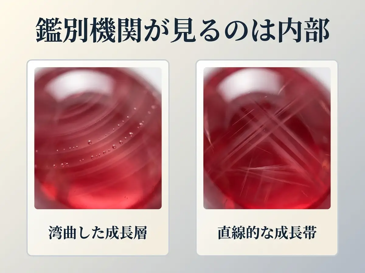 石の内部に湾曲した成長層と気泡が見えるものと、直線的な成長帯が見えるものを並べた図