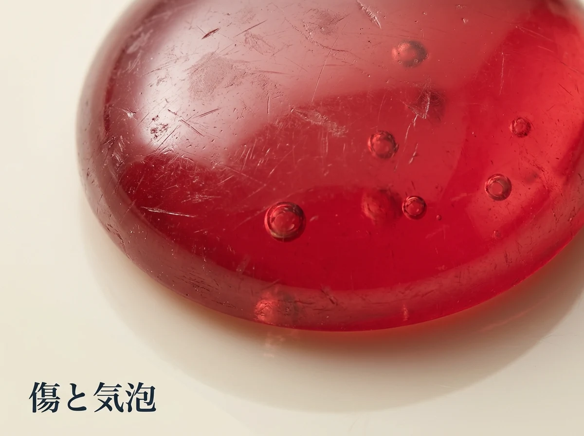 表面に傷が多く内部に丸い気泡が見える赤いガラスの模造品の拡大写真