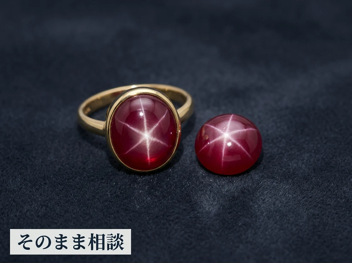 暗い布の上に置かれたスタールビーの指輪と1粒のスタールビー