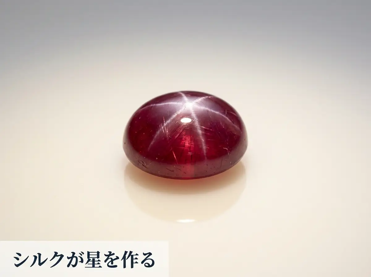 スタールビーの表面を拡大し、内部の絹のような針状の内包物と六条の星が見える写真