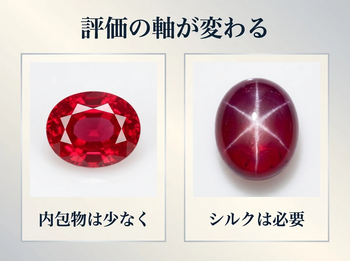 透明なファセットカットのルビーと半透明のスタールビーを並べ、評価の軸が変わることを示す図