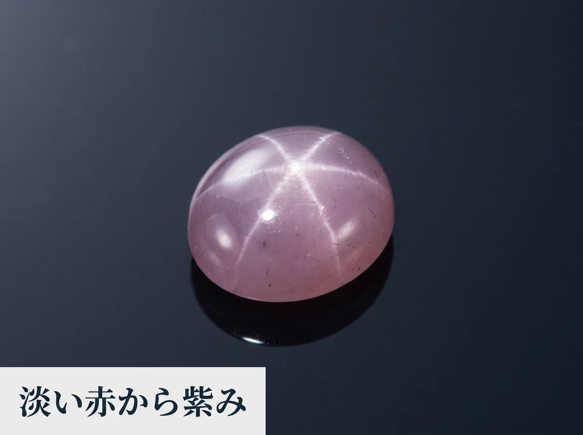 淡い赤から紫みがかった色のスター効果を示すカボションの写真