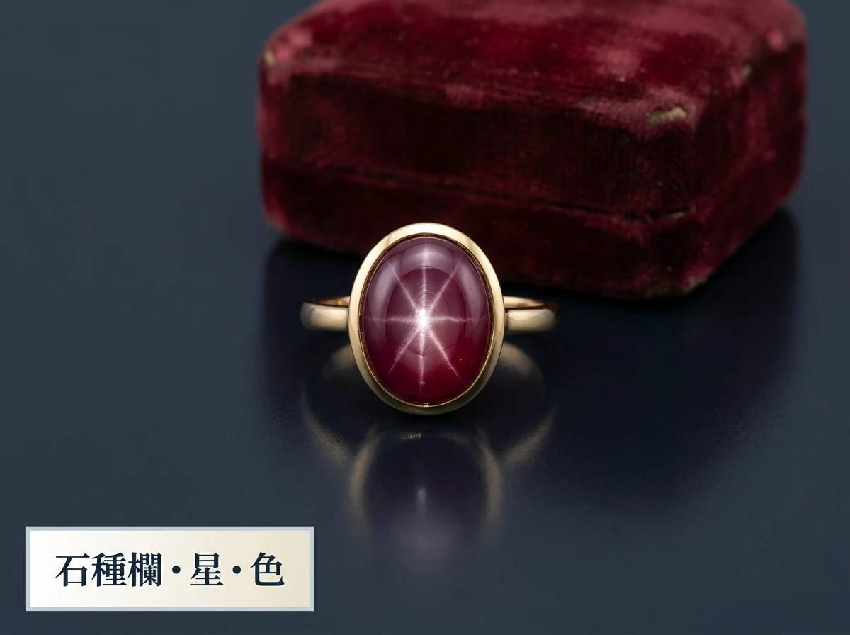 スタールビーの指輪と閉じた宝石箱を並べた写真
