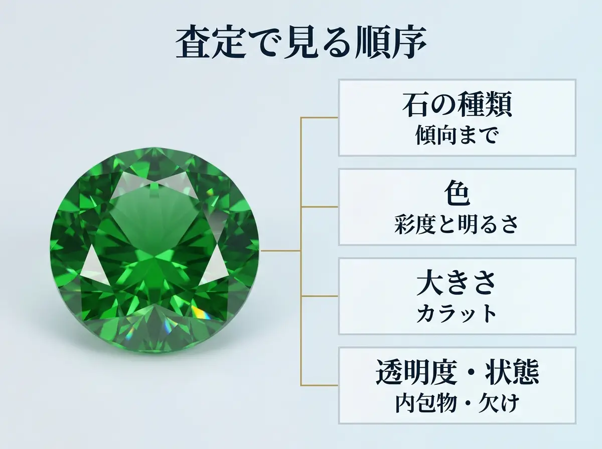 ツァボライトの査定で見る順序（石の種類・色・大きさ・透明度と状態）を示した図