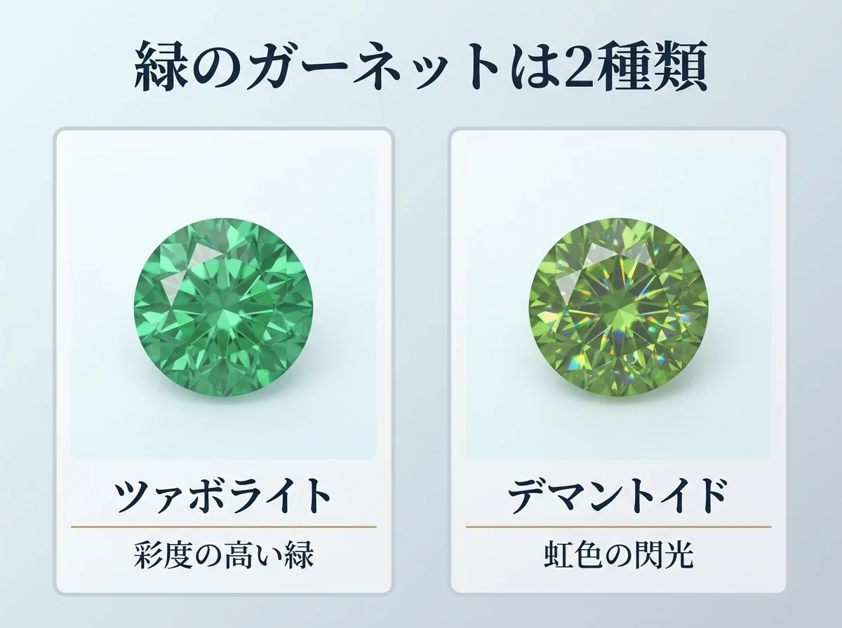 グリーンガーネットと呼ばれる2種類の石（ツァボライトとデマントイド）を並べた比較図