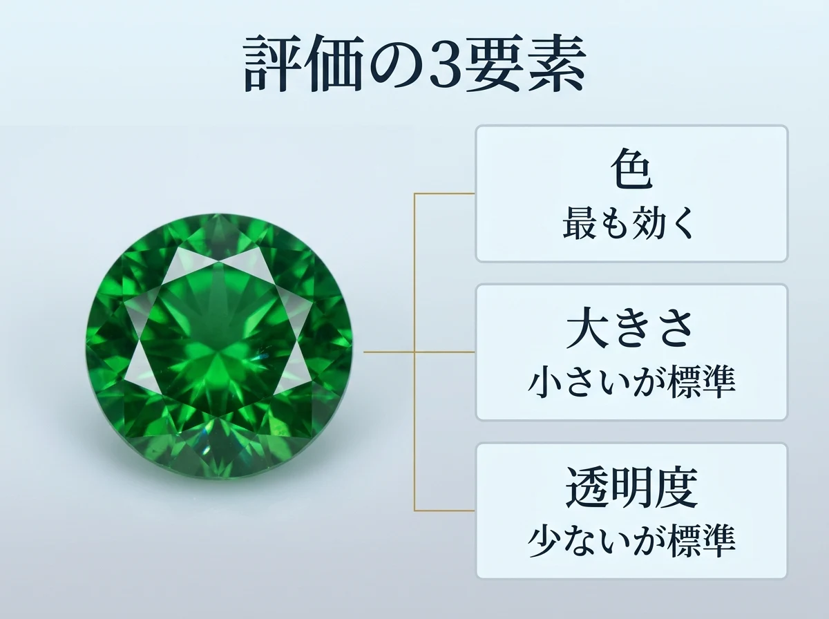 ツァボライトの評価の3要素（色・大きさ・透明度）の結論を示した図