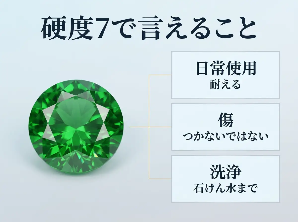 硬度7のツァボライトについて、日常使用・傷・洗浄の扱いを示した図