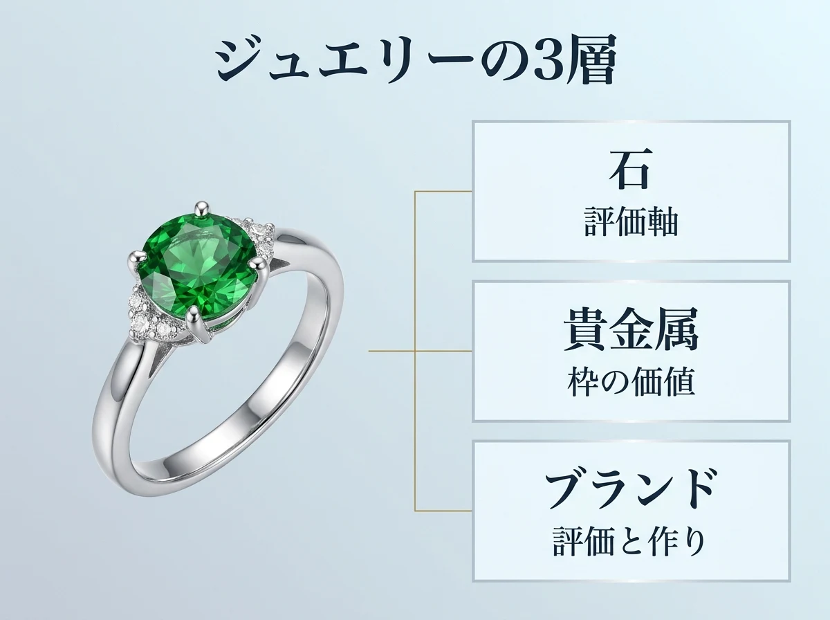 ツァボライトのジュエリーの査定額が石・貴金属・ブランドの3層で決まることを示した図