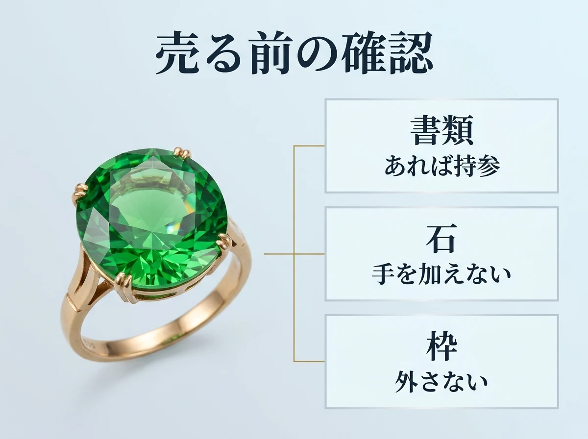 売る前の確認（書類・石に手を加えない・枠から外さない）を示した図