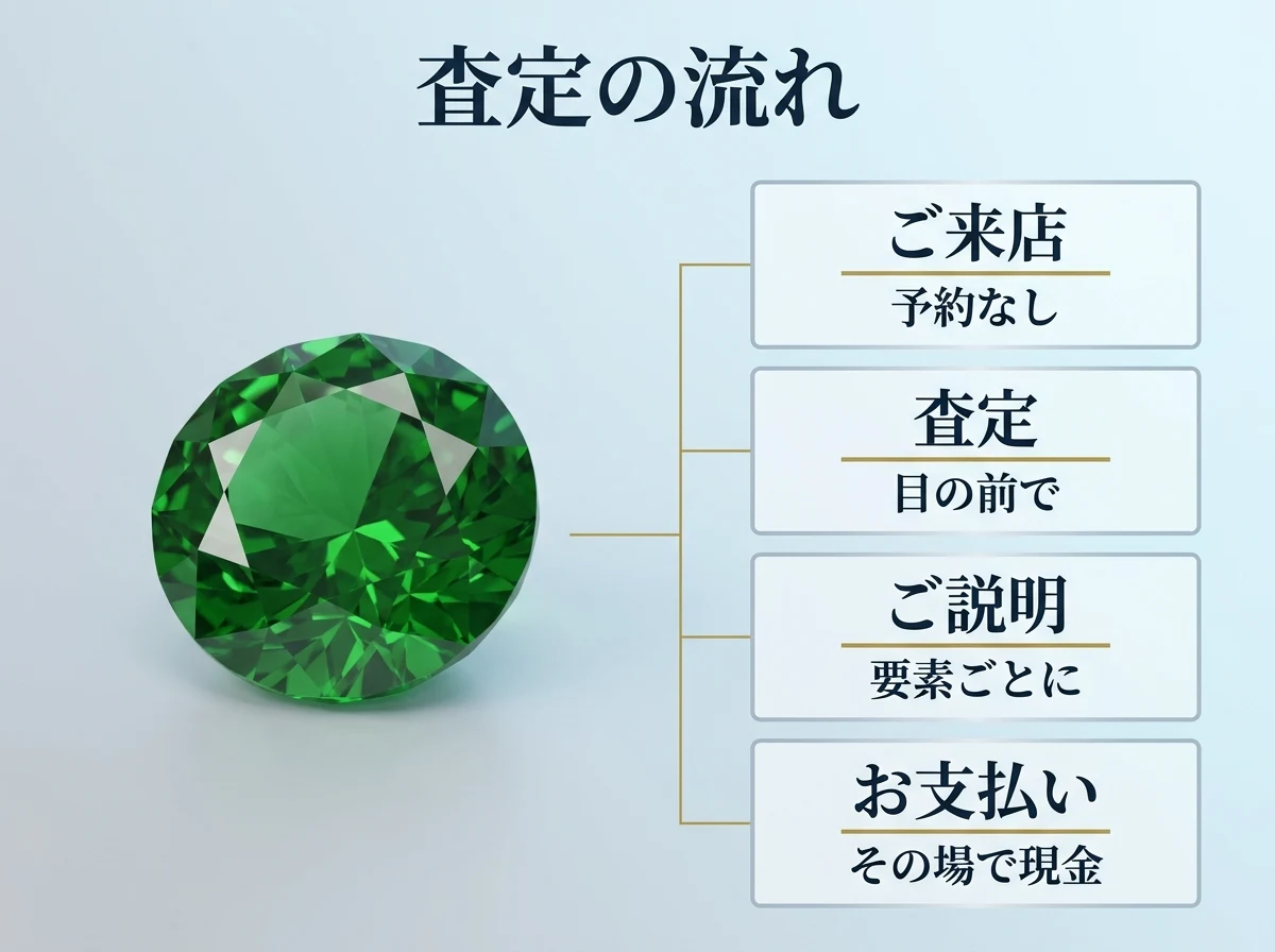来店・査定・説明・支払いの4段階の流れを示した図