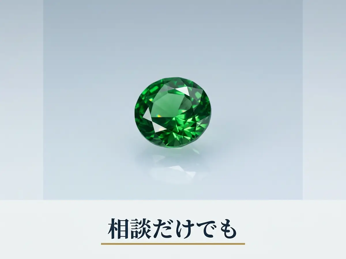 白い光の下に置かれた緑のツァボライトのルース