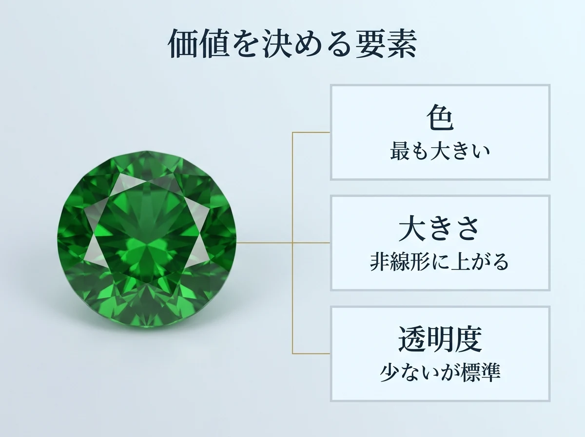 ツァボライトの価値を決める色・大きさ・透明度の3要素と、それぞれの効き方を示した図