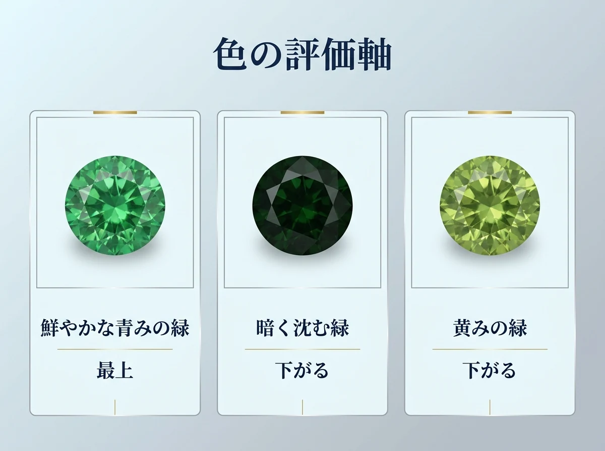 鮮やかな青みの緑・暗く沈んだ緑・黄みの緑のツァボライトを並べ、色の評価の方向を示した比較図