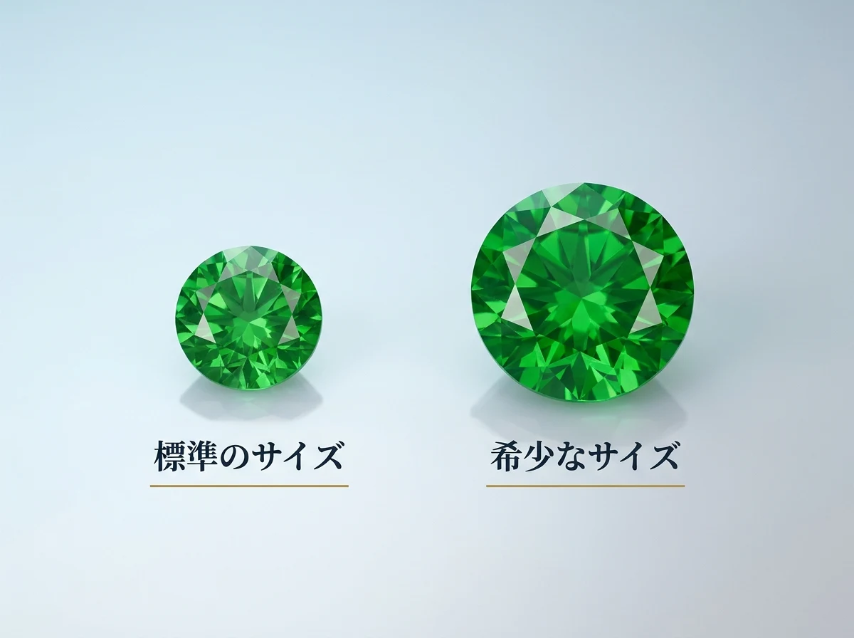 小さなツァボライトと大きなツァボライトを並べた写真