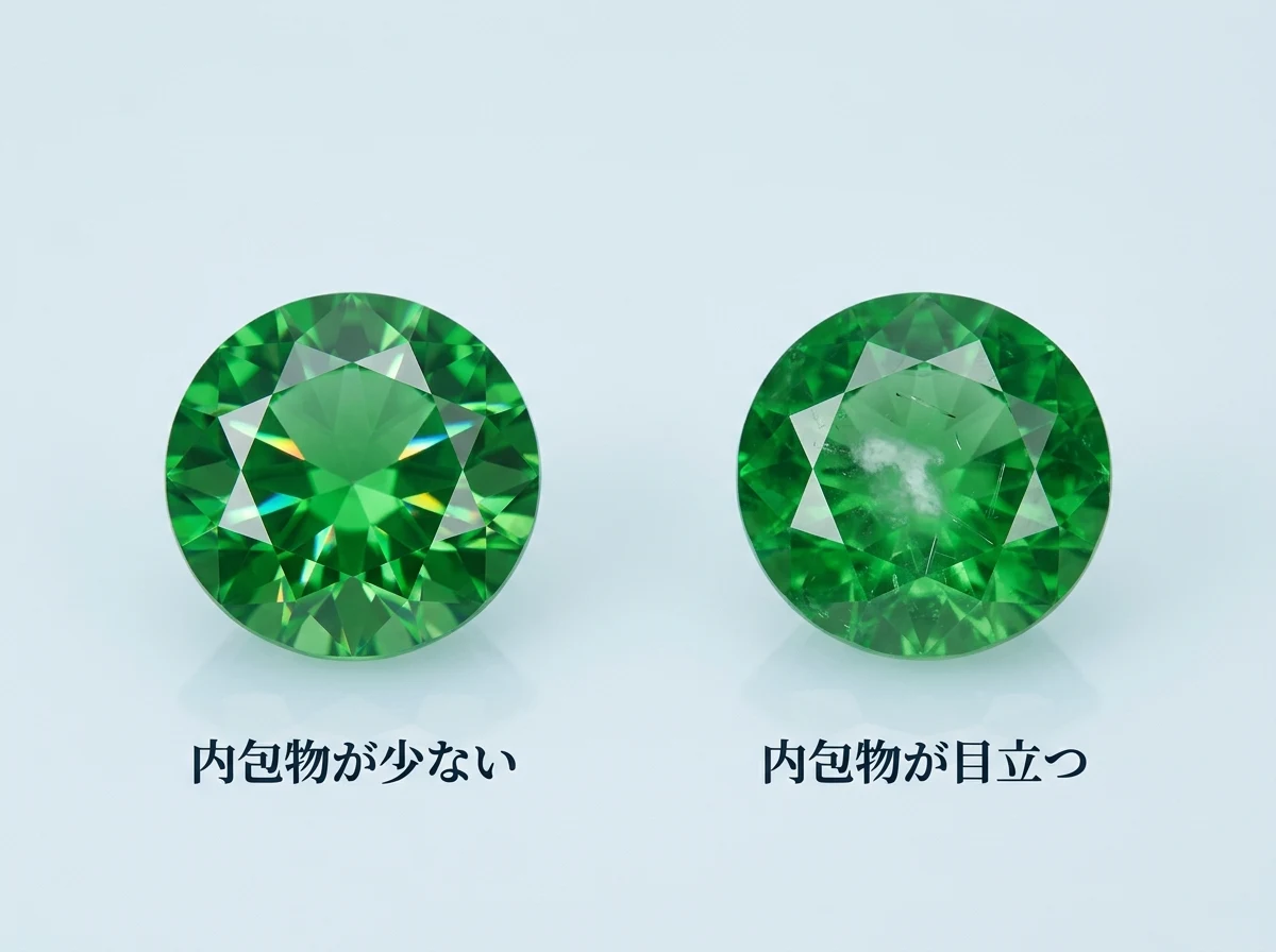 内包物の少ないツァボライトと、内包物の目立つツァボライトを並べた写真